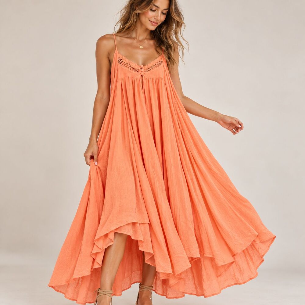 Free People Maxi Dress Medium Peach Coral Cotton Gauze Crochet Boho Flowy